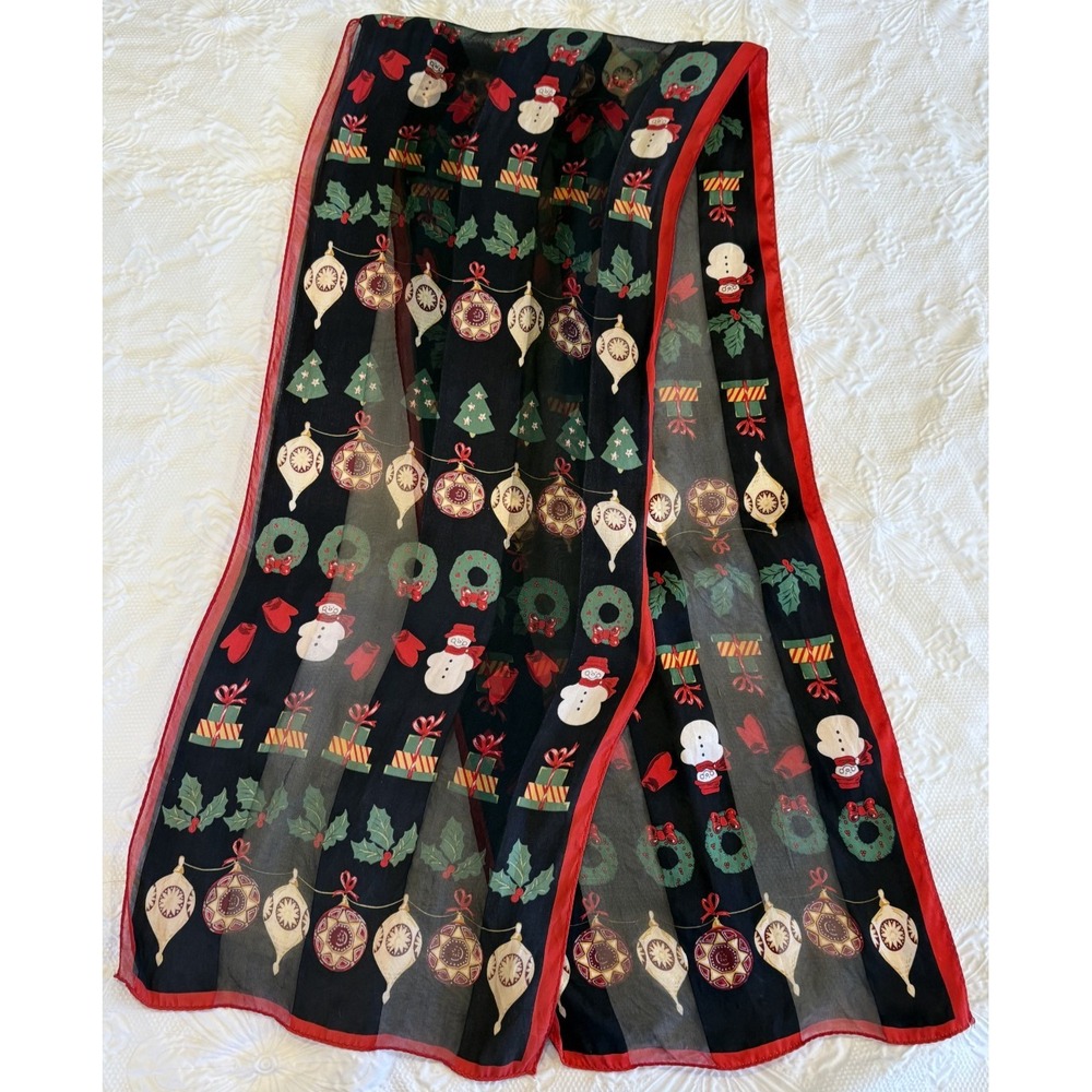 Vintage Christmas Holiday Scarf 52" X 10" Women's Ornaments & Snowman Print
